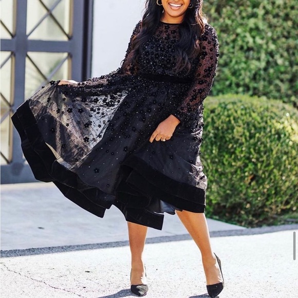 Mac Duggal Floral Embossed Illusion Neck Tea Length Dress 67007 - Picture 2 of 12